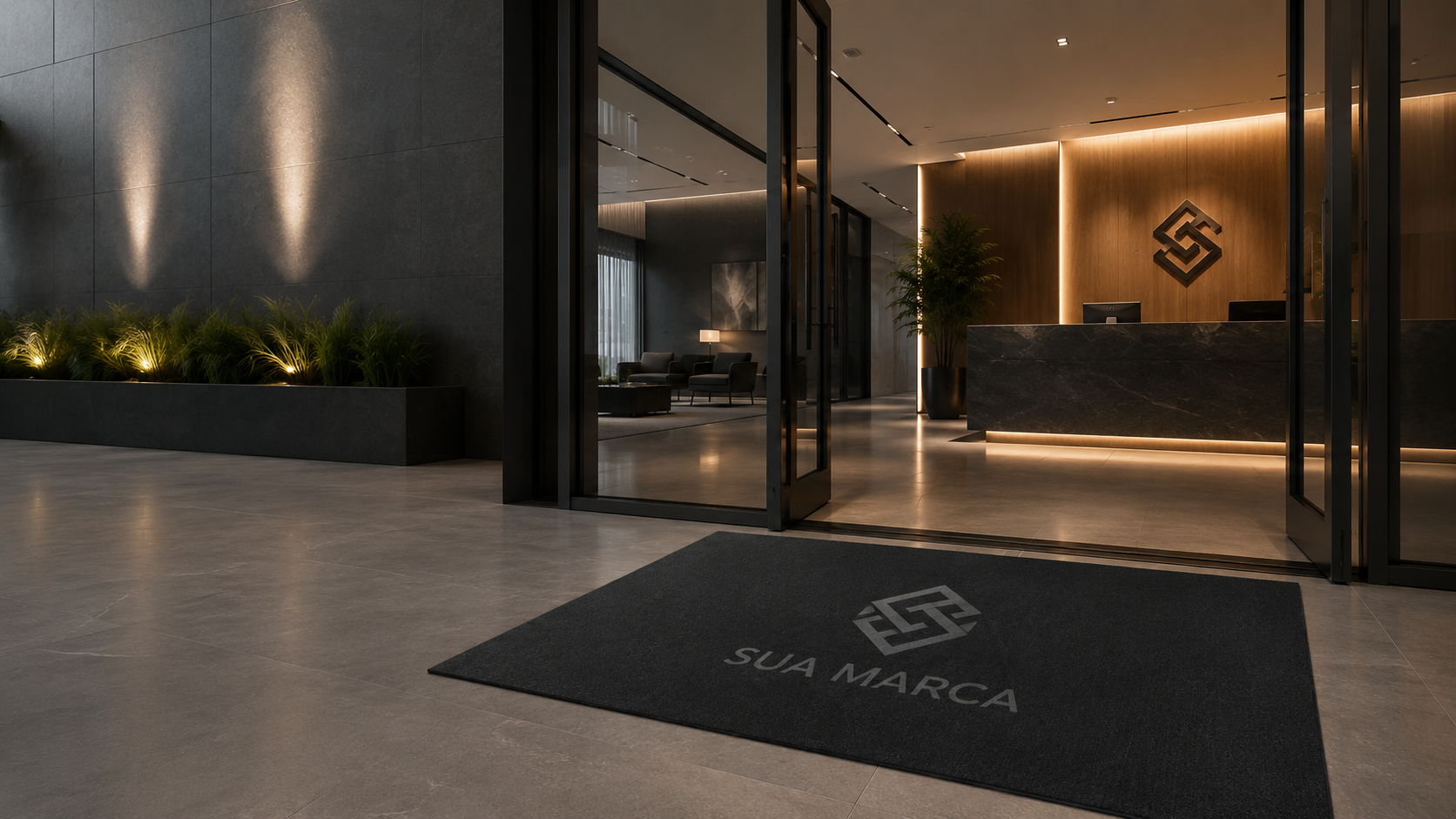 Entrada corporativa com tapete personalizado